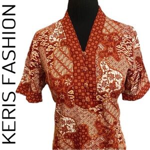 Keris Fashion Retro Short Sleeve V-Neck Blouse Retro Abstract Print Size Medium